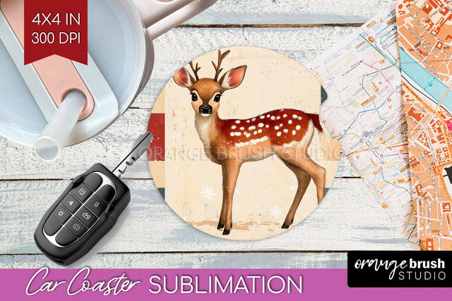 Christmas Deer Car Coaster - Vintage Christmas Sublimation Sublimation OrangeBrushStudio 