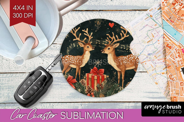 Christmas Deer Car Coaster - Vintage Christmas Sublimation Sublimation OrangeBrushStudio 