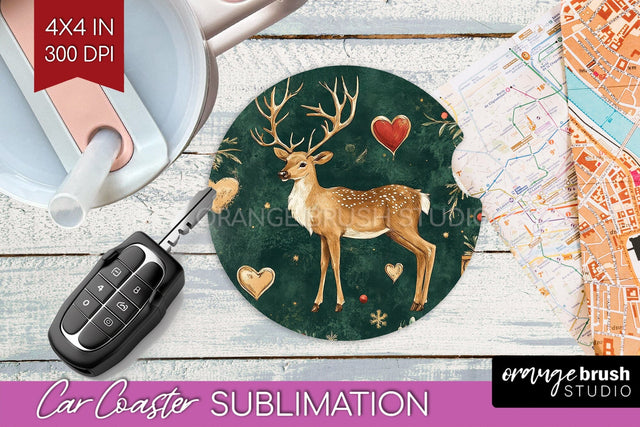 Christmas Deer Car Coaster - Vintage Christmas Sublimation Sublimation OrangeBrushStudio 