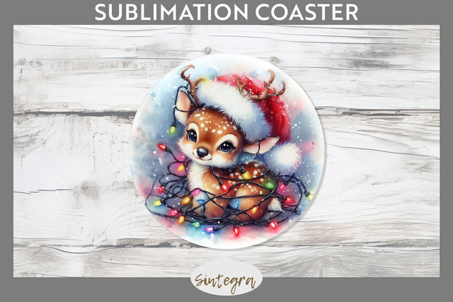 Christmas Deer Entangled in Lights Round Coaster Sublimation Sublimation Sintegra 