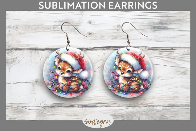 Christmas Deer Entangled in Lights Round Earrings Sublimation Sublimation Sintegra 
