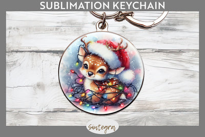 Christmas Deer Entangled in Lights Round Keychain Sublimation Sublimation Sintegra 