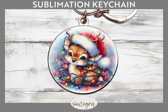 Christmas Deer Entangled in Lights Round Keychain Sublimation Sublimation Sintegra 