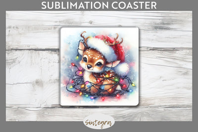 Christmas Deer Entangled in Lights Square Coaster Sublimation Sublimation Sintegra 