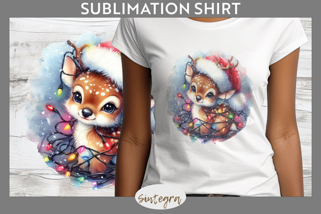 Christmas Deer Entangled in Lights T-shirt Sublimation Sublimation Sintegra 
