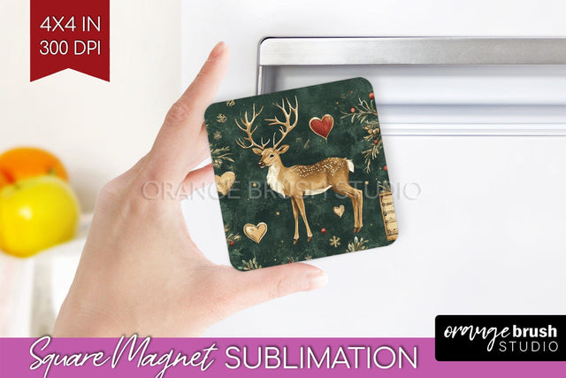 Christmas Deer Magnet Sublimation - Vintage Christmas Magnet Sublimation OrangeBrushStudio 