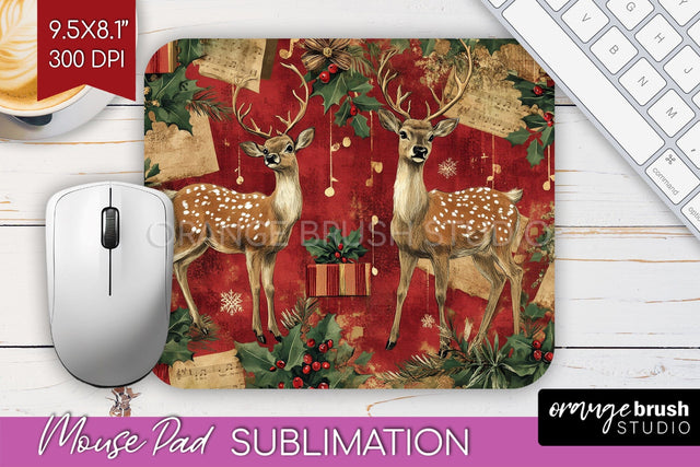 Christmas Deer Mouse Pad Sublimation - Vintage Christmas PNG Sublimation OrangeBrushStudio 