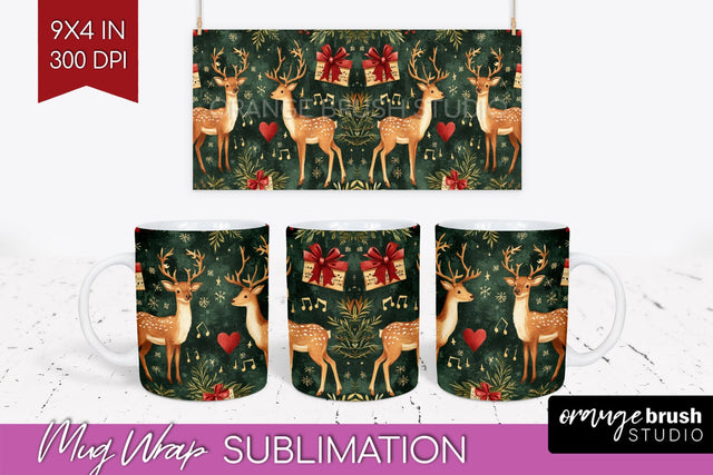 Christmas Deer Mug Wrap - Vintage Christmas Mug Sublimation Sublimation OrangeBrushStudio 