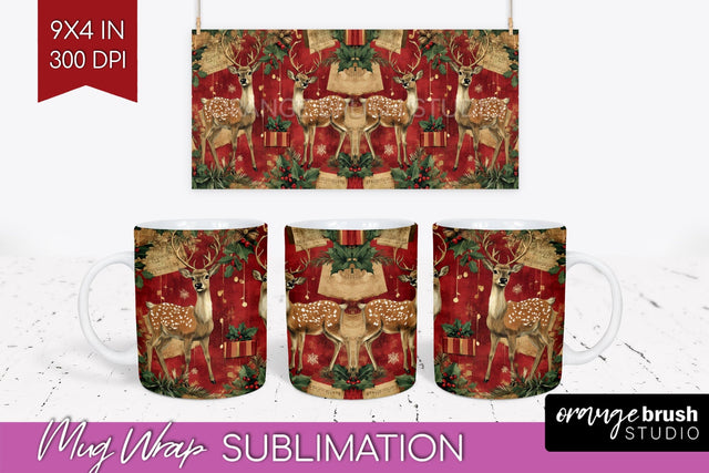 Christmas Deer Mug Wrap - Vintage Christmas Mug Sublimation Sublimation OrangeBrushStudio 