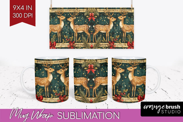 Christmas Deer Mug Wrap - Vintage Christmas Mug Sublimation Sublimation OrangeBrushStudio 