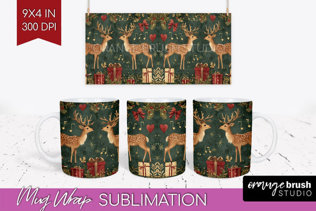 Christmas Deer Mug Wrap - Vintage Christmas Mug Sublimation Sublimation OrangeBrushStudio 