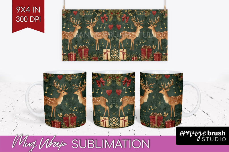 Christmas Deer Mug Wrap - Vintage Christmas Mug Sublimation Sublimation OrangeBrushStudio 