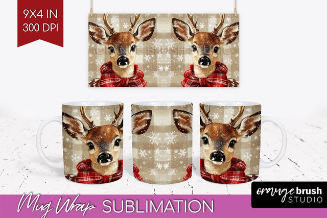 Christmas Deer Mug Wrap - Vintage Christmas Mug Sublimation Sublimation OrangeBrushStudio 