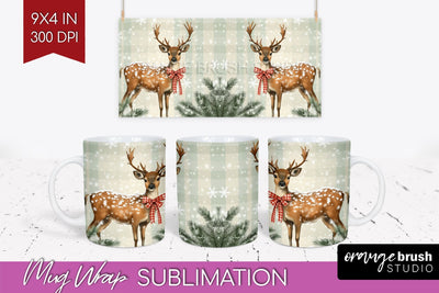 Christmas Deer Mug Wrap - Vintage Christmas Mug Sublimation Sublimation OrangeBrushStudio 
