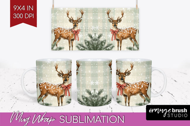 Christmas Deer Mug Wrap - Vintage Christmas Mug Sublimation Sublimation OrangeBrushStudio 
