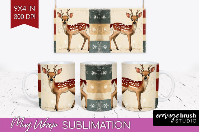 Christmas Deer Mug Wrap - Vintage Christmas Mug Sublimation Sublimation OrangeBrushStudio 