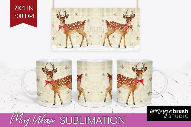 Christmas Deer Mug Wrap - Vintage Christmas Mug Sublimation Sublimation OrangeBrushStudio 