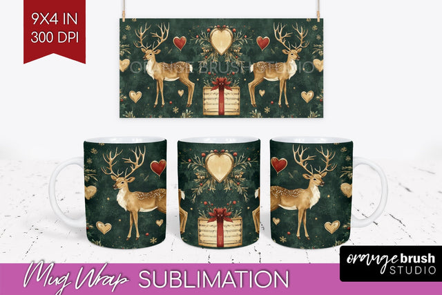 Christmas Deer Mug Wrap - Vintage Christmas Mug Sublimation Sublimation OrangeBrushStudio 