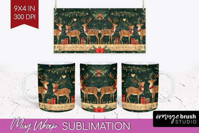 Christmas Deer Mug Wrap - Vintage Christmas Mug Sublimation Sublimation OrangeBrushStudio 