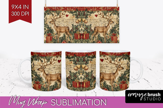 Christmas Deer Mug Wrap - Vintage Christmas Mug Sublimation Sublimation OrangeBrushStudio 