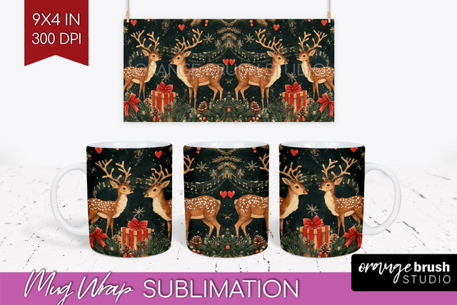 Christmas Deer Mug Wrap - Vintage Christmas Mug Sublimation Sublimation OrangeBrushStudio 