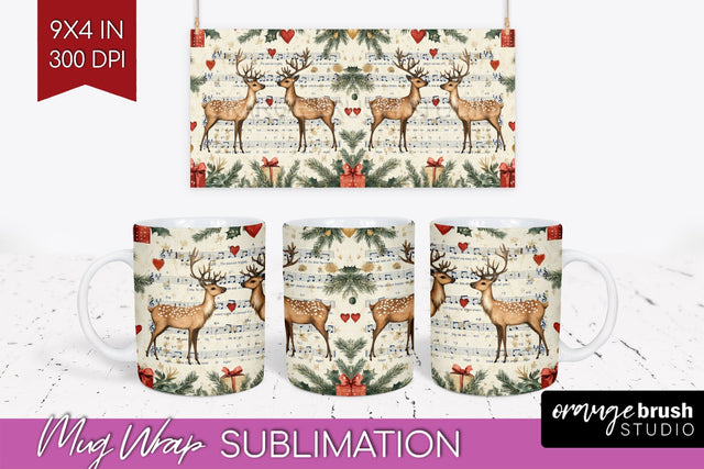 Christmas Deer Mug Wrap - Vintage Christmas Mug Sublimation Sublimation OrangeBrushStudio 