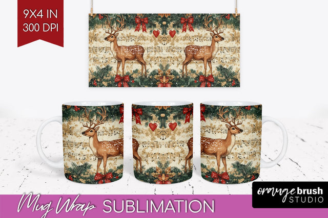 Christmas Deer Mug Wrap - Vintage Christmas Mug Sublimation Sublimation OrangeBrushStudio 
