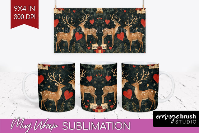 Christmas Deer Mug Wrap - Vintage Christmas Mug Sublimation Sublimation OrangeBrushStudio 