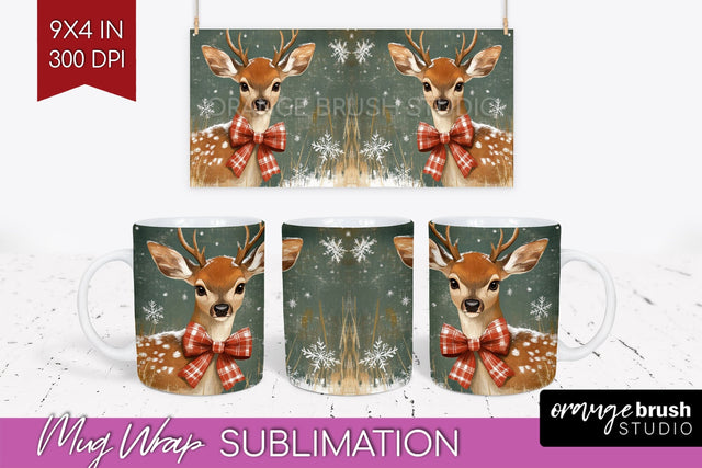 Christmas Deer Mug Wrap - Vintage Christmas Mug Sublimation Sublimation OrangeBrushStudio 