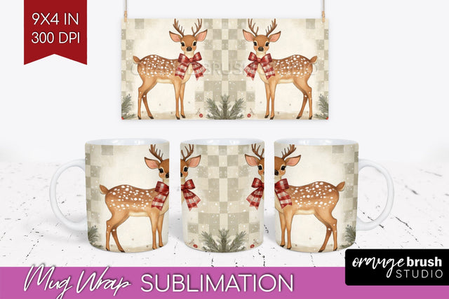 Christmas Deer Mug Wrap - Vintage Christmas Mug Sublimation Sublimation OrangeBrushStudio 