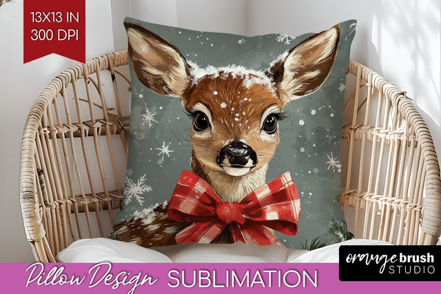 Christmas Deer Pillow Sublimation - Vintage Christmas Pillow Sublimation OrangeBrushStudio 