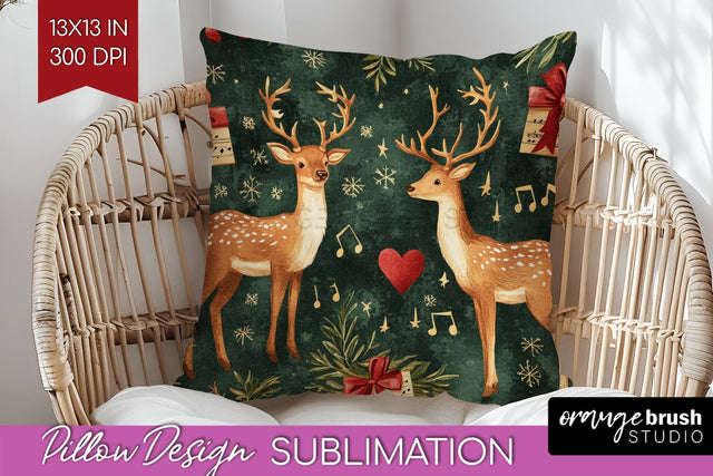 Christmas Deer Pillow Sublimation - Vintage Christmas Pillow Sublimation OrangeBrushStudio 