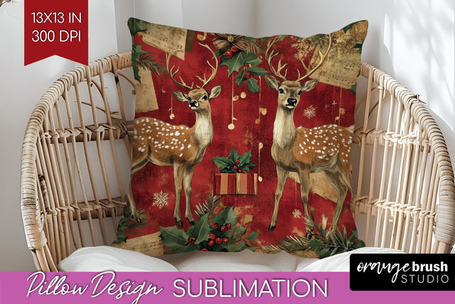 Christmas Deer Pillow Sublimation - Vintage Christmas Pillow Sublimation OrangeBrushStudio 