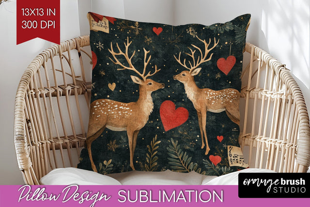 Christmas Deer Pillow Sublimation - Vintage Christmas Pillow Sublimation OrangeBrushStudio 