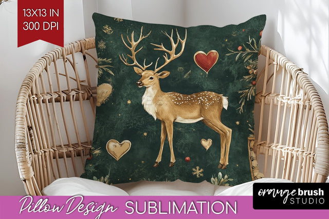 Christmas Deer Pillow Sublimation - Vintage Christmas Pillow Sublimation OrangeBrushStudio 