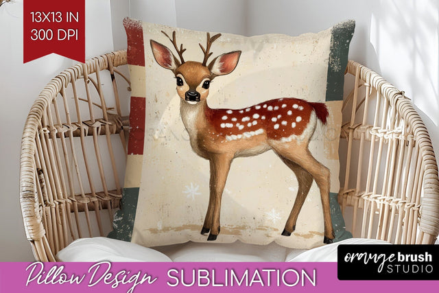 Christmas Deer Pillow Sublimation - Vintage Christmas Pillow Sublimation OrangeBrushStudio 