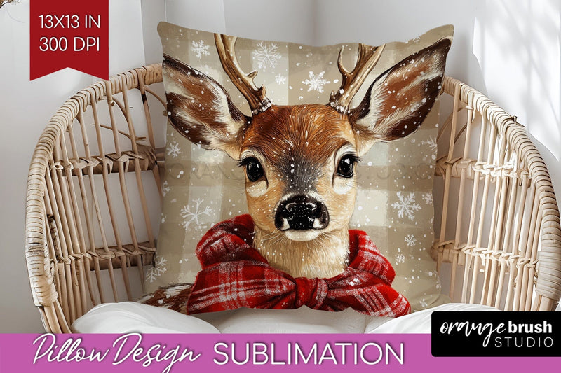 Christmas Deer Pillow Sublimation - Vintage Christmas Pillow Sublimation OrangeBrushStudio 