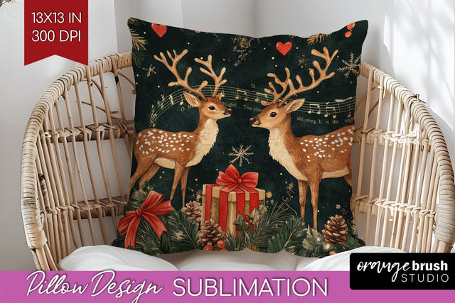 Christmas Deer Pillow Sublimation - Vintage Christmas Pillow Sublimation OrangeBrushStudio 