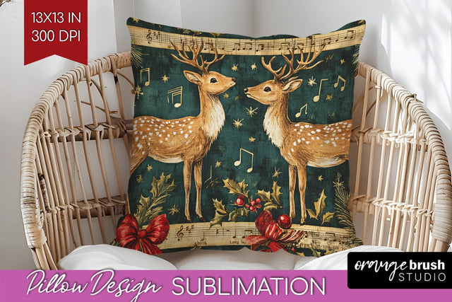 Christmas Deer Pillow Sublimation - Vintage Christmas Pillow Sublimation OrangeBrushStudio 