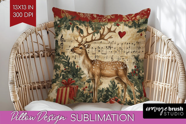 Christmas Deer Pillow Sublimation - Vintage Christmas Pillow Sublimation OrangeBrushStudio 
