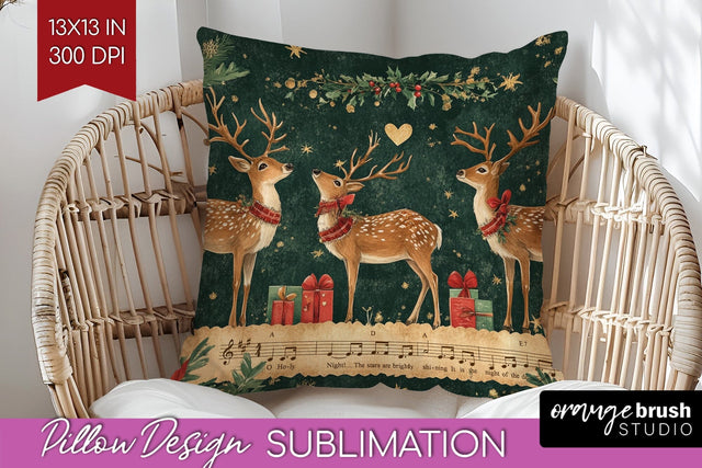 Christmas Deer Pillow Sublimation - Vintage Christmas Pillow Sublimation OrangeBrushStudio 