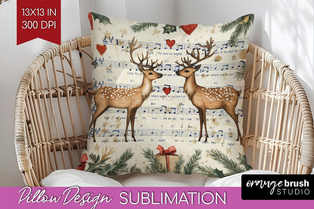 Christmas Deer Pillow Sublimation - Vintage Christmas Pillow Sublimation OrangeBrushStudio 