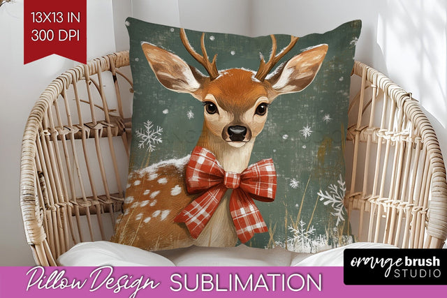 Christmas Deer Pillow Sublimation - Vintage Christmas Pillow Sublimation OrangeBrushStudio 