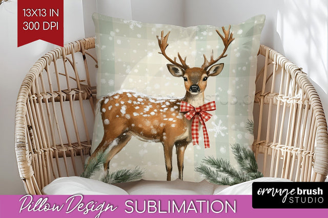 Christmas Deer Pillow Sublimation - Vintage Christmas Pillow Sublimation OrangeBrushStudio 