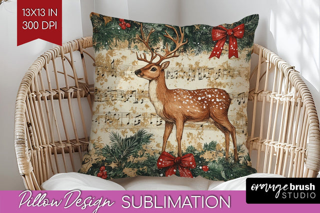 Christmas Deer Pillow Sublimation - Vintage Christmas Pillow Sublimation OrangeBrushStudio 