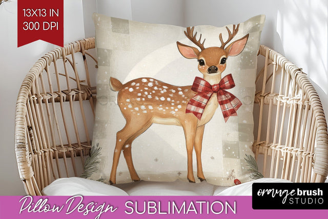 Christmas Deer Pillow Sublimation - Vintage Christmas Pillow Sublimation OrangeBrushStudio 