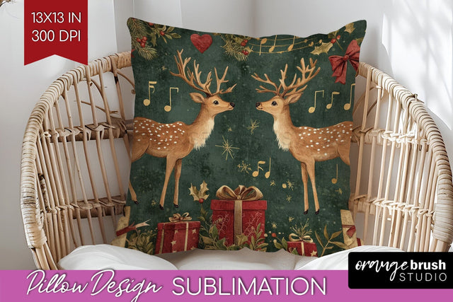 Christmas Deer Pillow Sublimation - Vintage Christmas Pillow Sublimation OrangeBrushStudio 