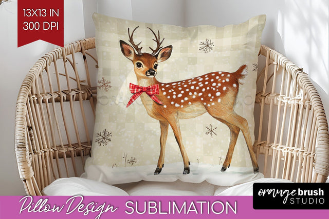 Christmas Deer Pillow Sublimation - Vintage Christmas Pillow Sublimation OrangeBrushStudio 