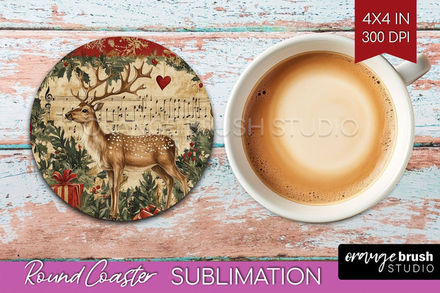 Christmas Deer Round Coaster PNG - Vintage Christmas Coaster Sublimation OrangeBrushStudio 