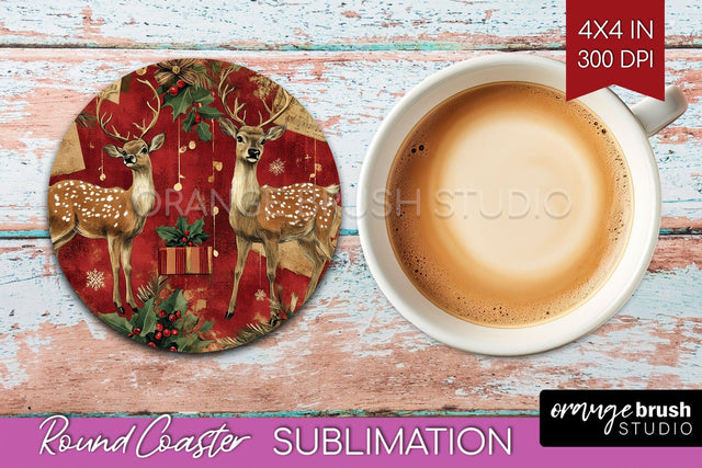 Christmas Deer Round Coaster PNG - Vintage Christmas Coaster Sublimation OrangeBrushStudio 